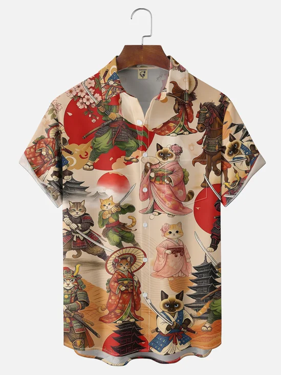 Moisture-Wicking Gradient Japanese Culture  Cherry Blossoms Samurai & Geisha Cats Chest Pocket Holiday Shirt