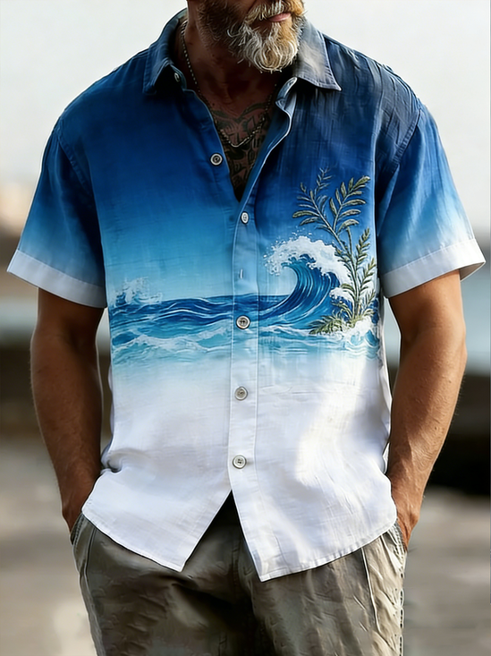 Linen Texture Gradient Ocean Wave Plant Chest Pocke Holiday Hawaiian Shirt