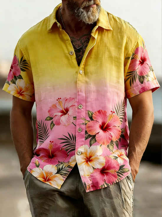 Linen Texture Gradient Floral Botanical Chest Pocke Holiday Hawaiian Shirt