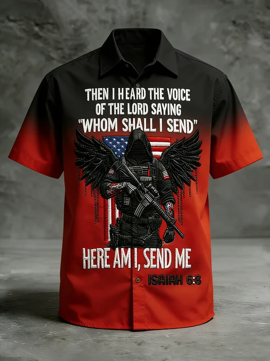 Moisture-wicking Independent Day American Flag USA Isaiah Here I Am Send Me Chest Pocket Patriotic Shirt