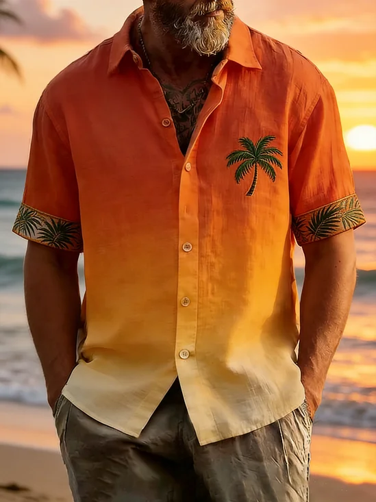 Linen Texture Gradient Patchwork Plant and Coconut Tree Chest Pocke Holiday Hawaiian Shirt