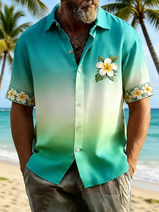 Linen Texture Solid Color Patchwork Floral Chest Pocke Holiday Hawaiian Shirt