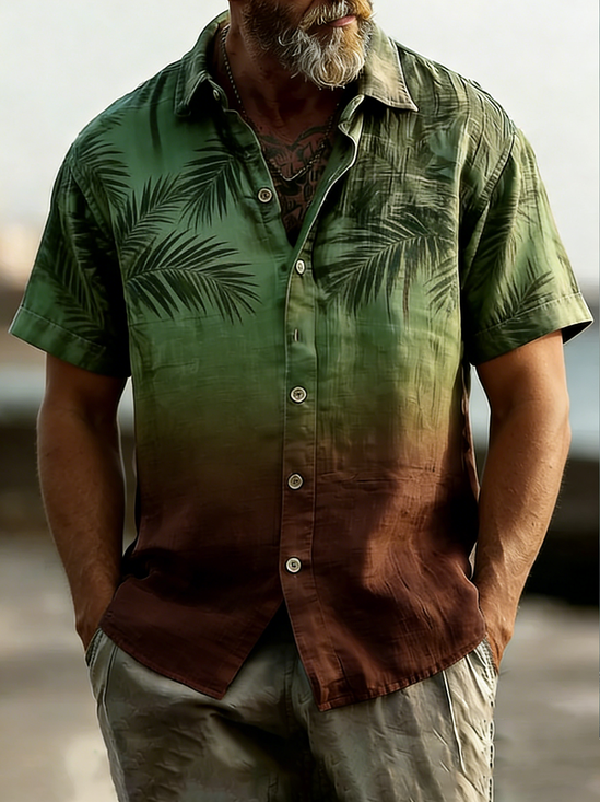 Linen Texture Gradient Tropical Plant Chest Pocke Holiday Hawaiian Shirt