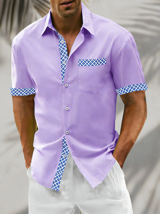 Linen Textured Solid Color Checkered Chest Pocke Holiday Hawaiian Shirt