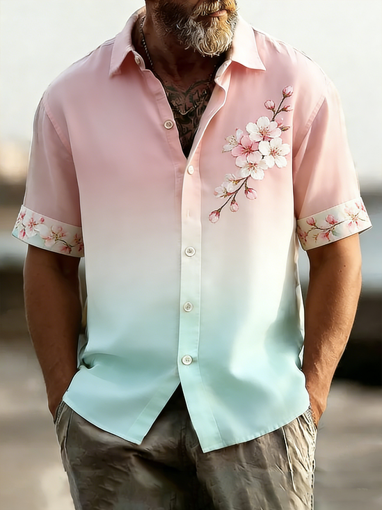 Linen Texture Solid Color Cherry Blossom Patchwork Chest Pocke Holiday Hawaiian Shirt