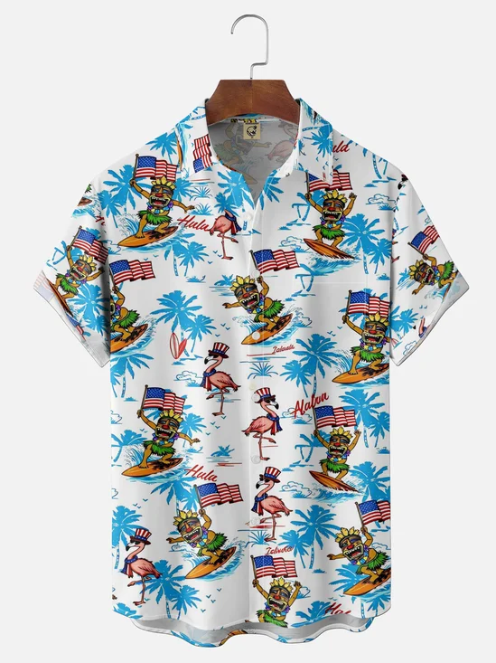 Moisture Wicking Independence Day Gradient Colors Abstract American Flag Flamingos TiKi Coconut Tree Chest Pocket Holiday Shirt