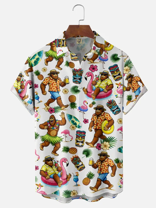 Moisture Wicking Hula Bigfoot TiKi Flamingo Cocktail Chest Pocket Holiday Shirt