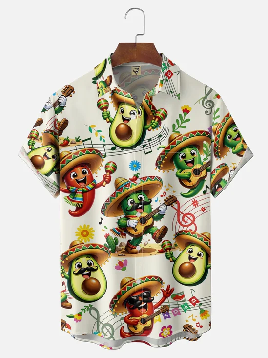 Moisture Wicking Cinco De Mayo Big Brim Hat Chili Pepper Man Avocado Sand Hammer Guitar Chest Pocket Holiday Shirt