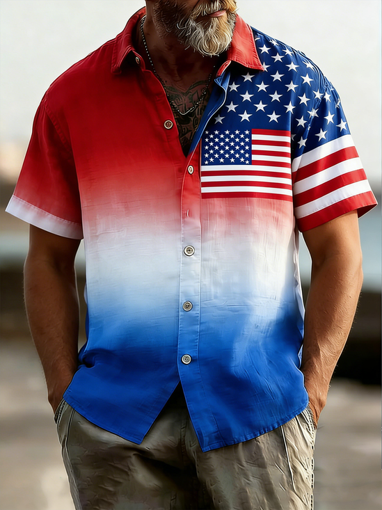 Linen Texture Gradient American Flag 250th Anniversary Independence Day Chest Pocke Holiday Hawaiian Shirt