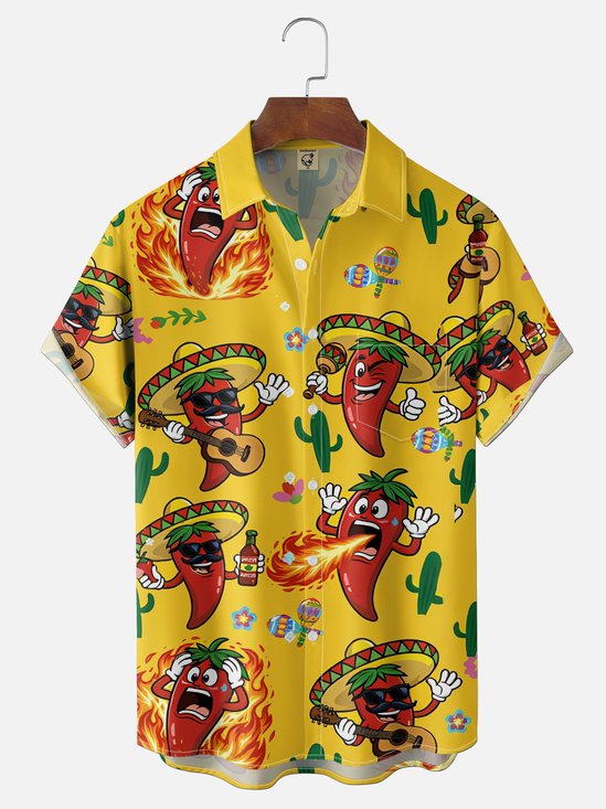 Moisture Wicking Cinco De Mayo Wide-brimmed Hat Chili Pepper Man Sand Hammer Cactus Chest Pocket Holiday Shirt