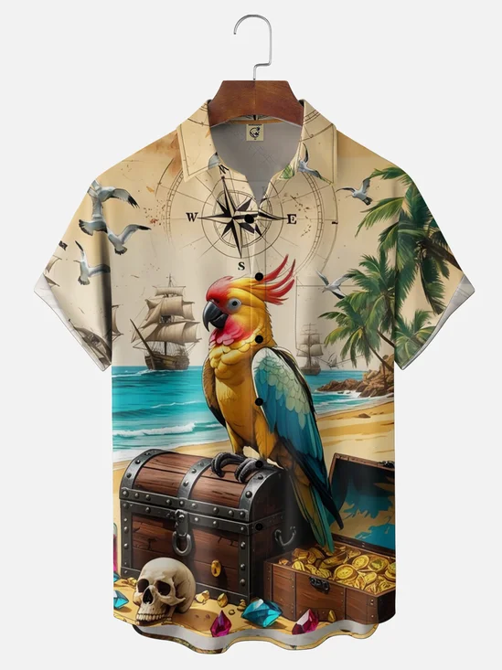 Moisture Wicking Ocean Treasure Map Parrot Chest Pocke Holiday Hawaiian Shirt