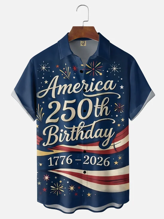 Moisture Wicking Gradient American Flag Geometric Fireworks Happy 250th Birthday Chest Pocket Holiday Shirt