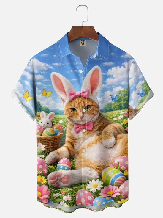 Moisture-wicking Easter Cat Bunny Eggs Chest Pocket Casual Shirt