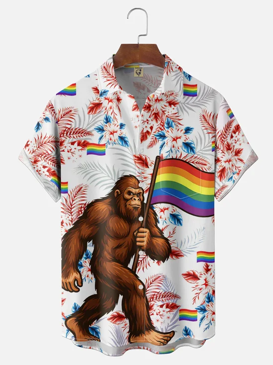 Moisture-Wicking Tropical Plants Flowers  Bigfoot Rainbow Flag  Chest Pocket Holiday Shirt
