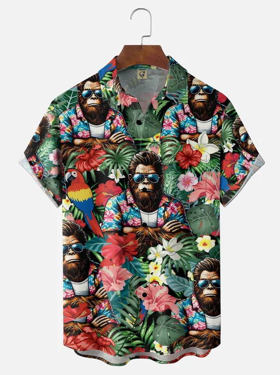 Moisture Wicking Tropical Plants Bigfoot Flowers and Leaves Chest Pocket Holiday Shirt