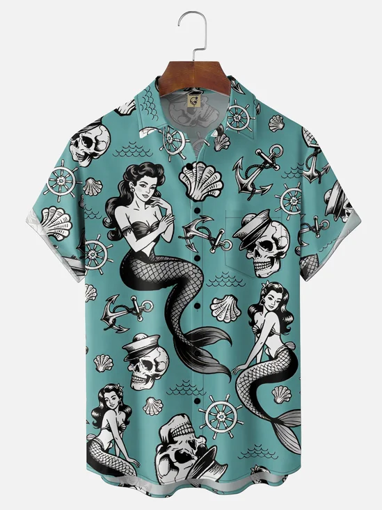 Moisture-Wicking Mermaid Seashell And Skull Print Chest Pocket Holiday Shirt