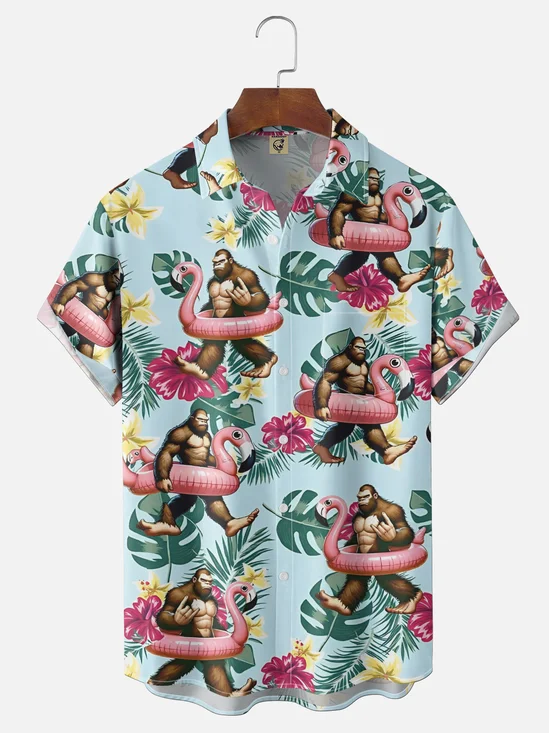 Moisture-Wicking Tropical Bigfoot Leaf & Floral Chest Pocket Holiday Shirt