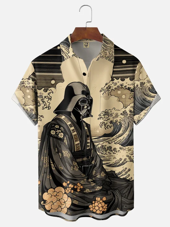 Moisture-Wicking Gradient Japanese Ukiyo E Wave Planet  Samurai Designs Chest Pocket   Hawaiian Shirt