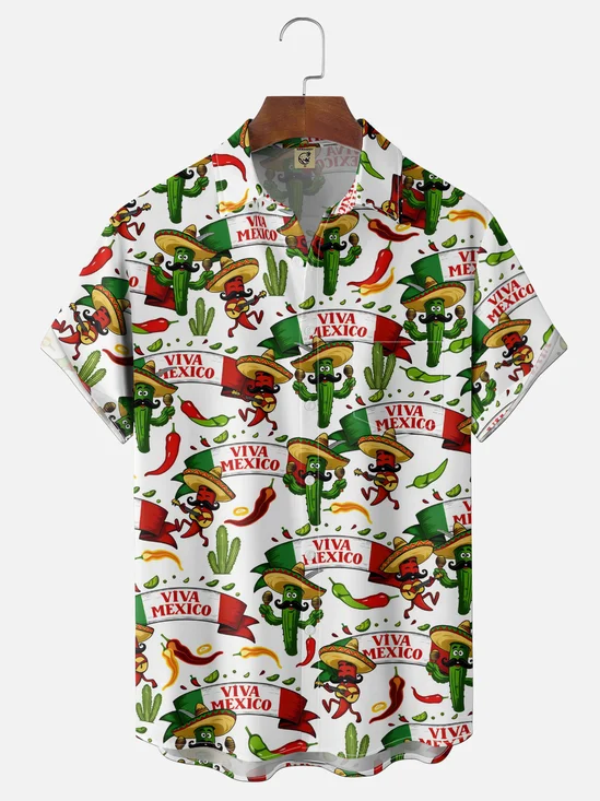 Moisture-Wicking Cinco De Mayo Wide Brim Hats Chili Peppers Guitars And Cacti With Chest Pocket Holiday Shirt