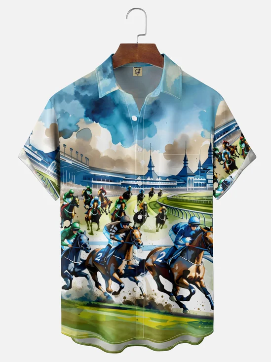 Moisture-Wicking Watercolor Horse Racing Chest Pocket Holiday Shirt