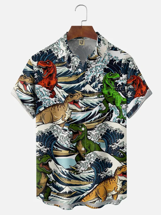 Moisture Wicking Gradient Colors Japanese Culture Wave Dinosaur Chest Pocket Holiday Shirt