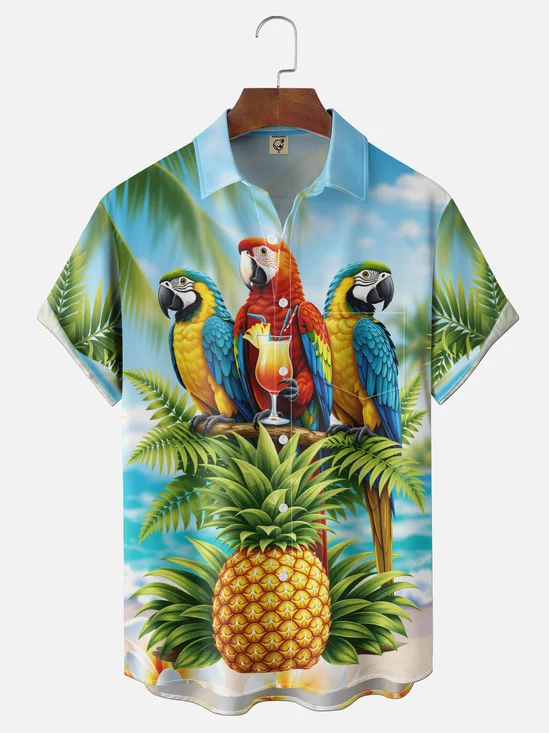 Moisture-Wicking Ombré Parrot & Pineapple Chest Pocket Holiday Shirt