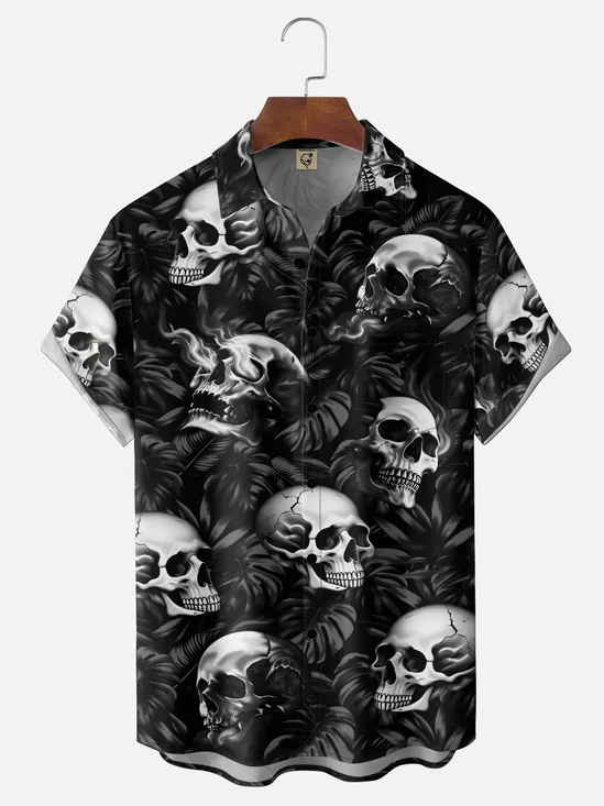 Moisture-Wicking Abstract Gradient Punk Rock Skull & Leaf Chest Pocket Holiday Shirt