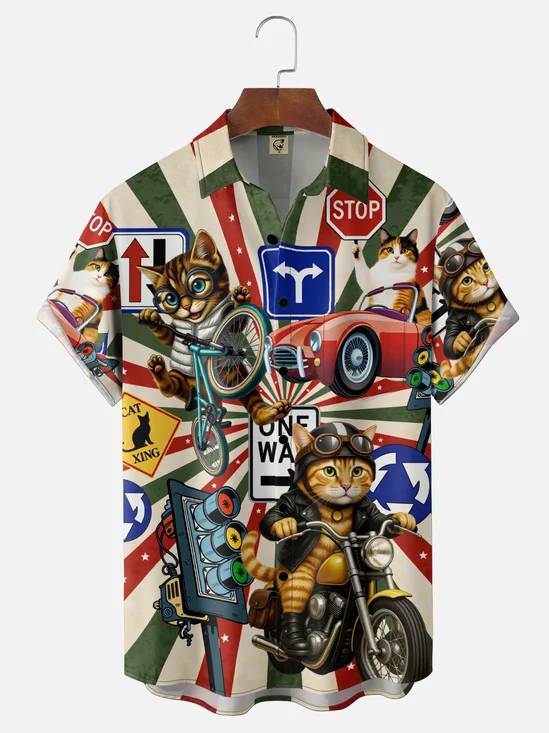 Moisture-Wicking Retro Pop Art Fun Cat Riding A Motorcycle Chest Pocket Holiday Shirt