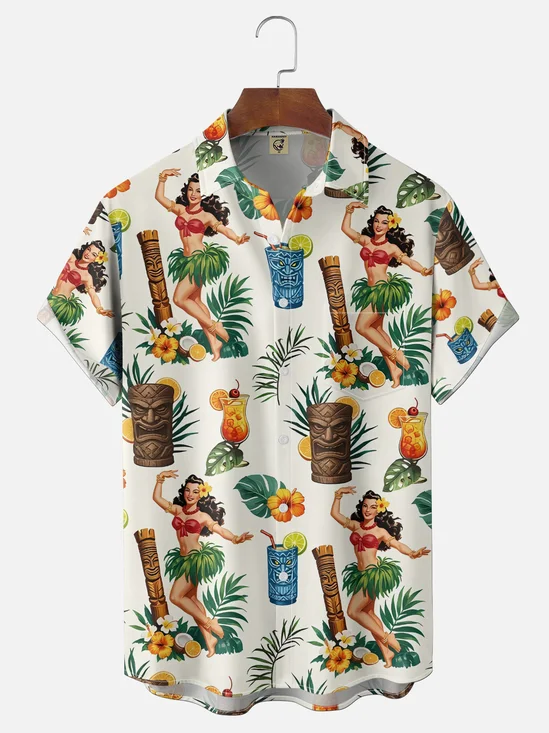 Moisture-Wicking Featuring Tropical Plants Flowers Hula Dancers Tiki Cocktails Chest Pocket Holiday Shirt
