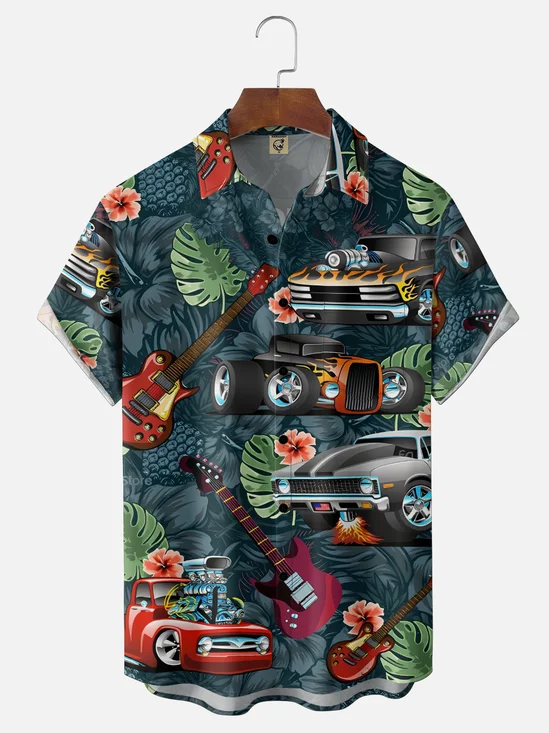 Moisture Wicking Vintage Tropical Botanical & Racing Slogan Design Chest Pocket Holiday Hawaiian Shirt