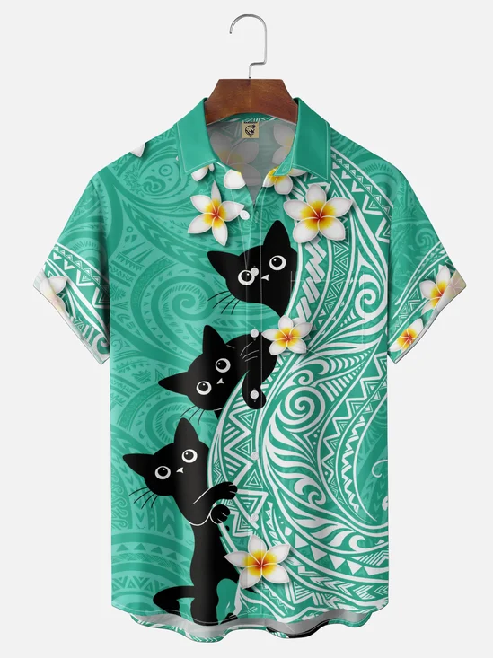 Moisture-Wicking Frangipani Geometric & Black Cat Pattern Chest Pocket Holiday Shirt