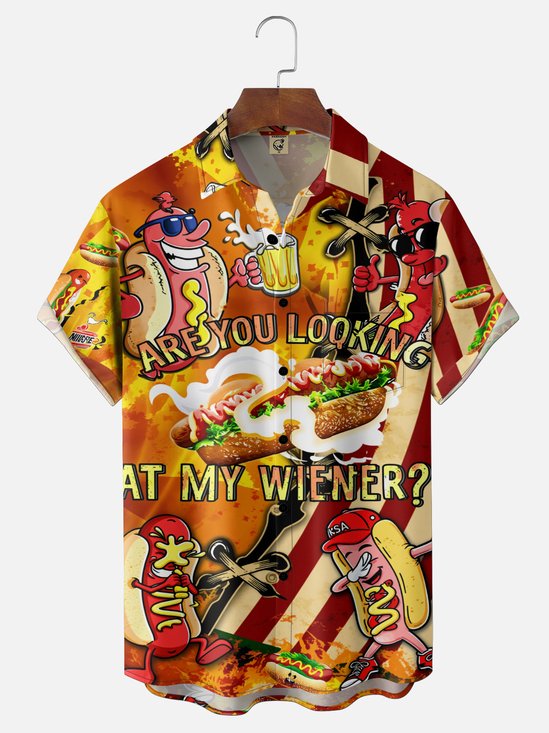 Moisture Wicking Fun American Hot Dog Slogan Chest Pocke Holiday Hawaiian Shirt
