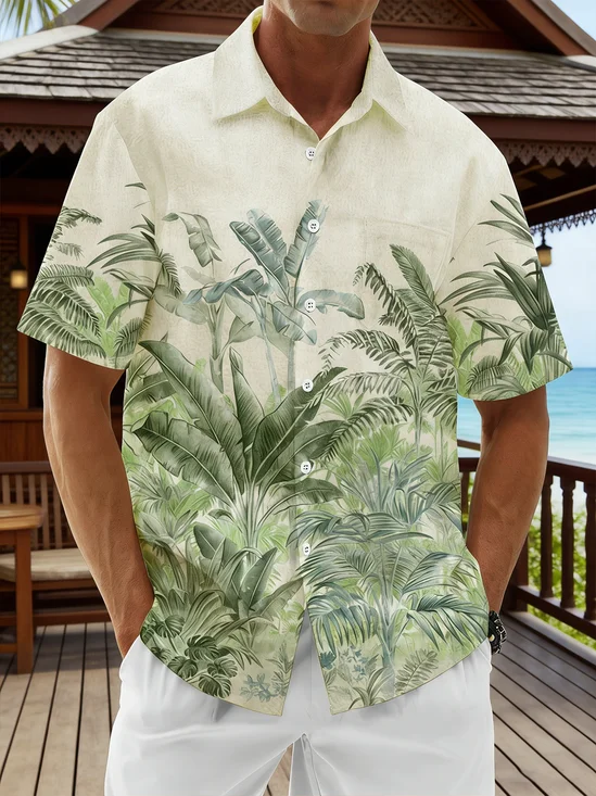 Linen Texture Floral & Botanical Print Holiday Hawaiian Shirt with Chest Pocket