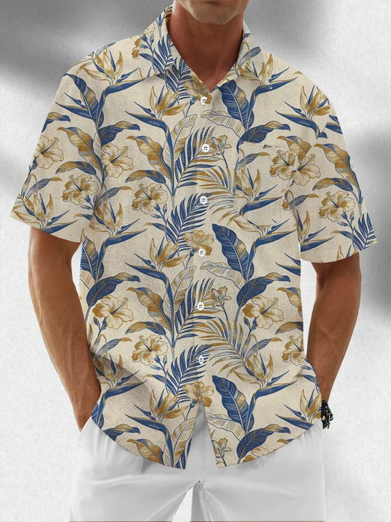 Linen Texture Floral & Botanical Print Holiday Hawaiian Shirt with Chest Pocket