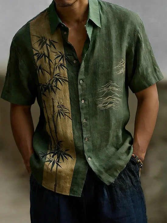 Linen Textured Striped Bamboo Chest Pocket Holiday Hawaiian Shirt