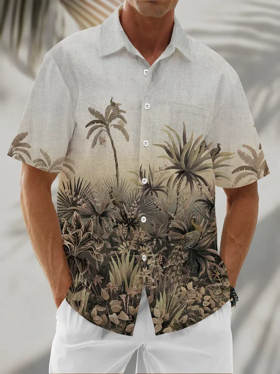 Linen-Textured  with Botanical & Coconut Tree Print and Chest Pocket Holiday Hawaiian Shirt