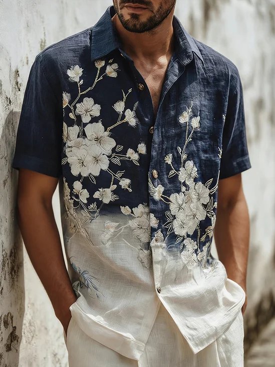 Linen Textured Vintage Floral Chest Pocket Holiday Hawaiian Shirt