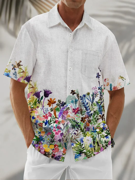 Linen Texture Floral & Botanical Print Holiday Hawaiian Shirt with Chest Pocket