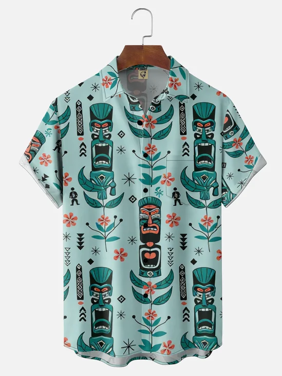 Moisture Wicking Medieval Geometric TiKi Floral Chest Pocket Holiday Shirt