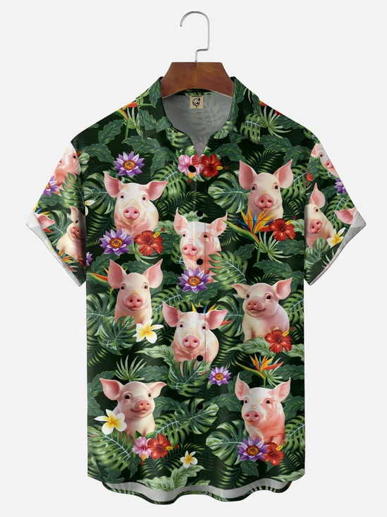 Moisture Wicking Tropical Plants Leaves Flowers Pig Chest Pocket Holiday Shirt