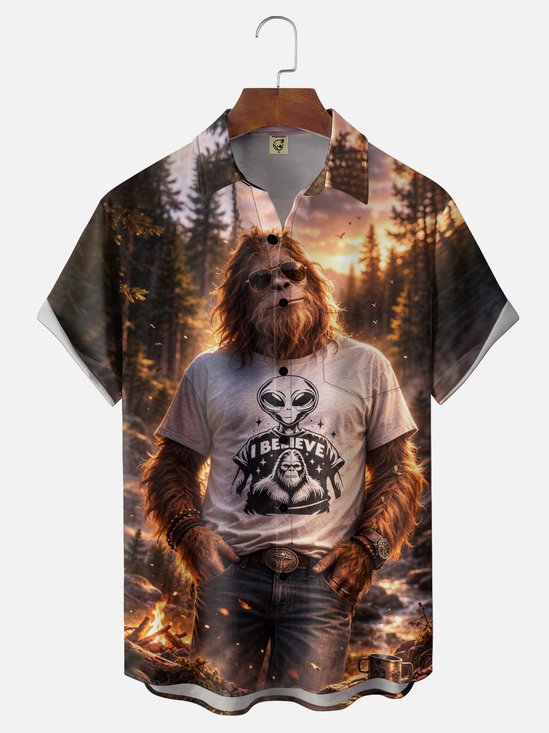 Moisture Wicking Fun Bigfoot & Alien Chest Pocket Design Holiday Hawaiian Shirt