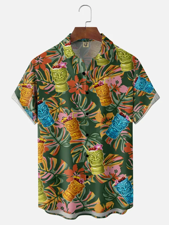 Moisture Wicking Gradient Abstract TiKi Cocktail Leaves Chest Pocket Holiday Shirt