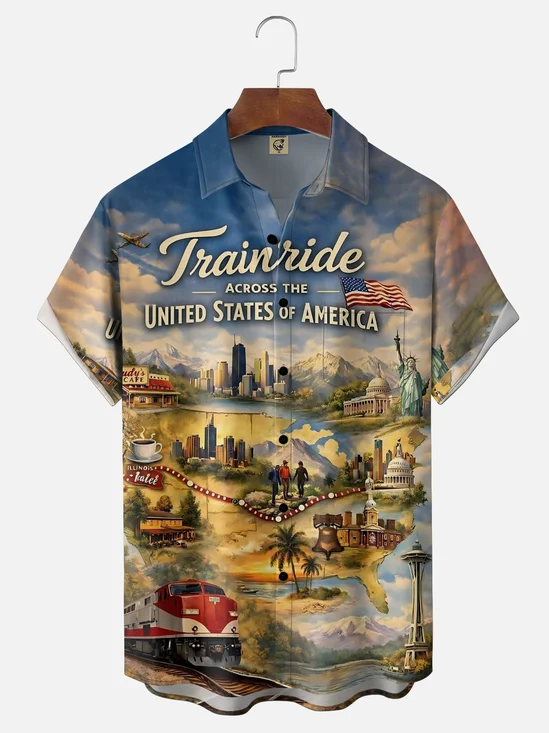 Moisture Wicking Train Through America Chest Pocke Holiday Hawaiian Shirt