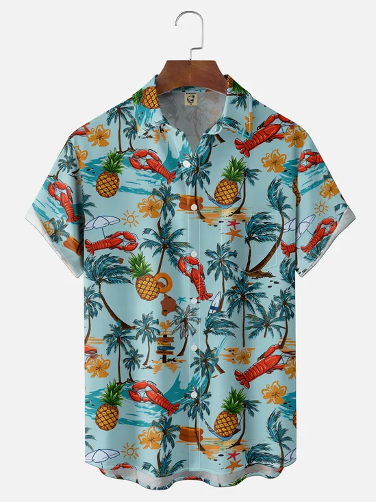 Moisture Wicking Lobster Pineapple Coconut Tree Waves Chest Pocket Holiday Shirt