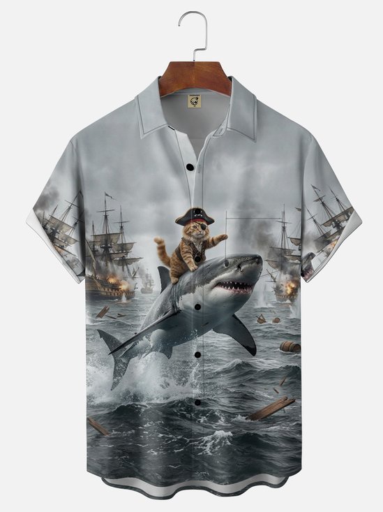 Moisture-wicking Shark Cat Pirate Ship Funny Chest Pocket Casual Shirt
