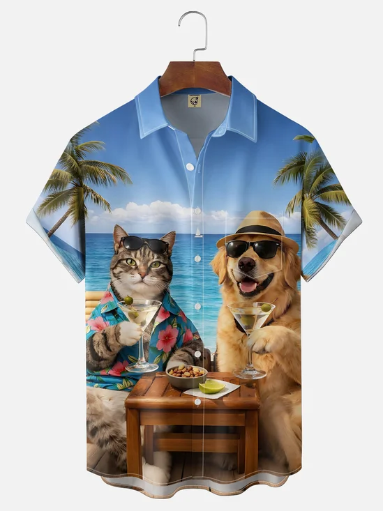 Moisture-wicking Cat Dog Beach Coconut Tree Chest Pocket Hawaiian Shirt
