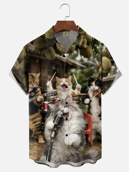 Moisture-wicking Cat Guitar Music Funny Chest Pocket Casual Shirt