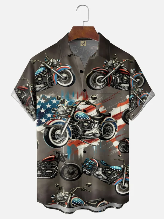 Moisture Wicking Independence Day Retro American Flag Motorcycle Chest Pocket Holiday Shirt
