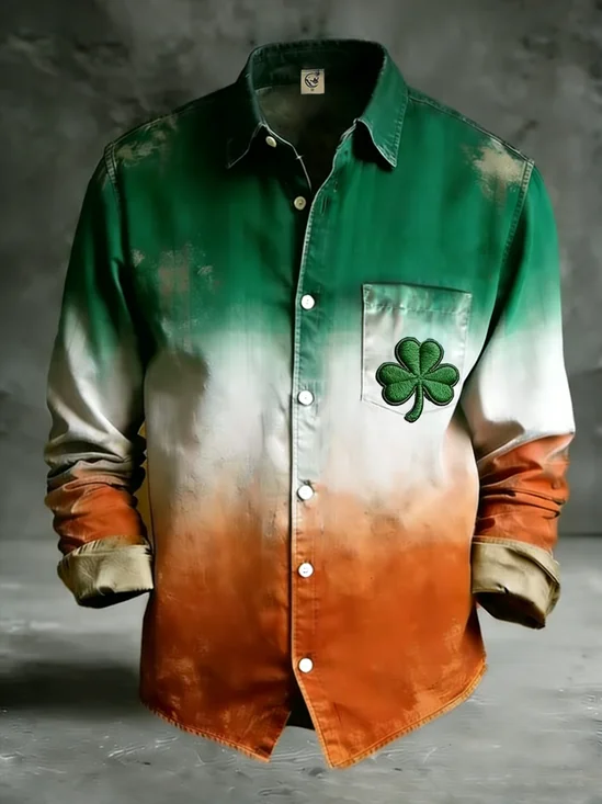 Moisture Wicking St. Patrick's Day Shamrock Chest Pocket Holiday Long Sleeve Shirt