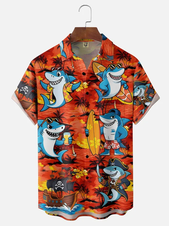 Moisture Wicking Gradient Beach Coconut Tree Pirate Shark Sailboat Chest Pocket Holiday Shirt